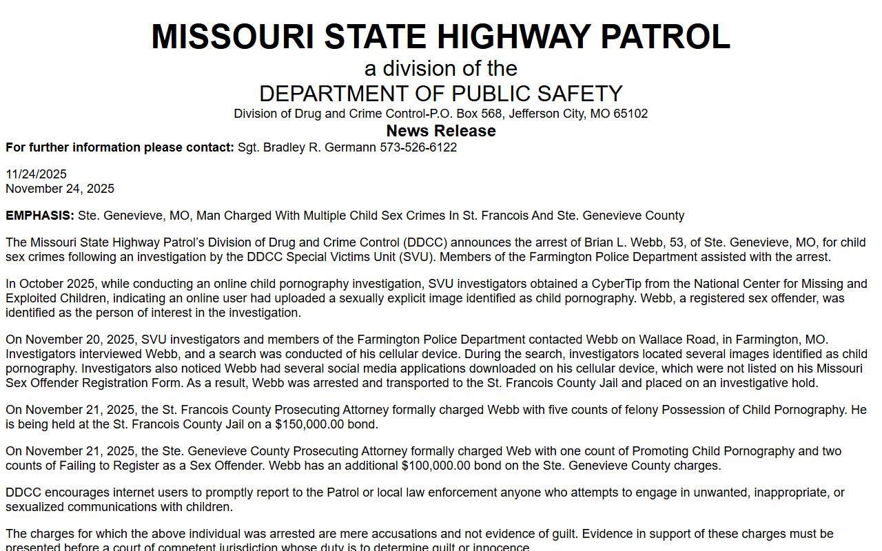 Ste. Genevieve County arrest records and court charges MSHP arrest news release