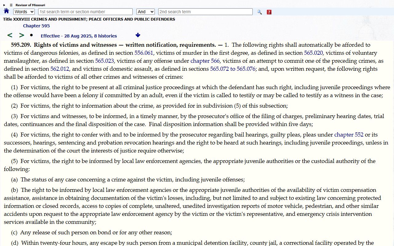 Ste. Genevieve County criminal court records Missouri crime victim rights statute
