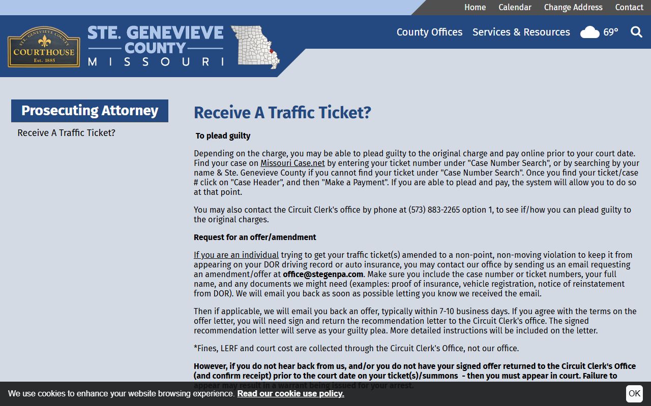 Ste. Genevieve County traffic court records ticket payment and amendment route