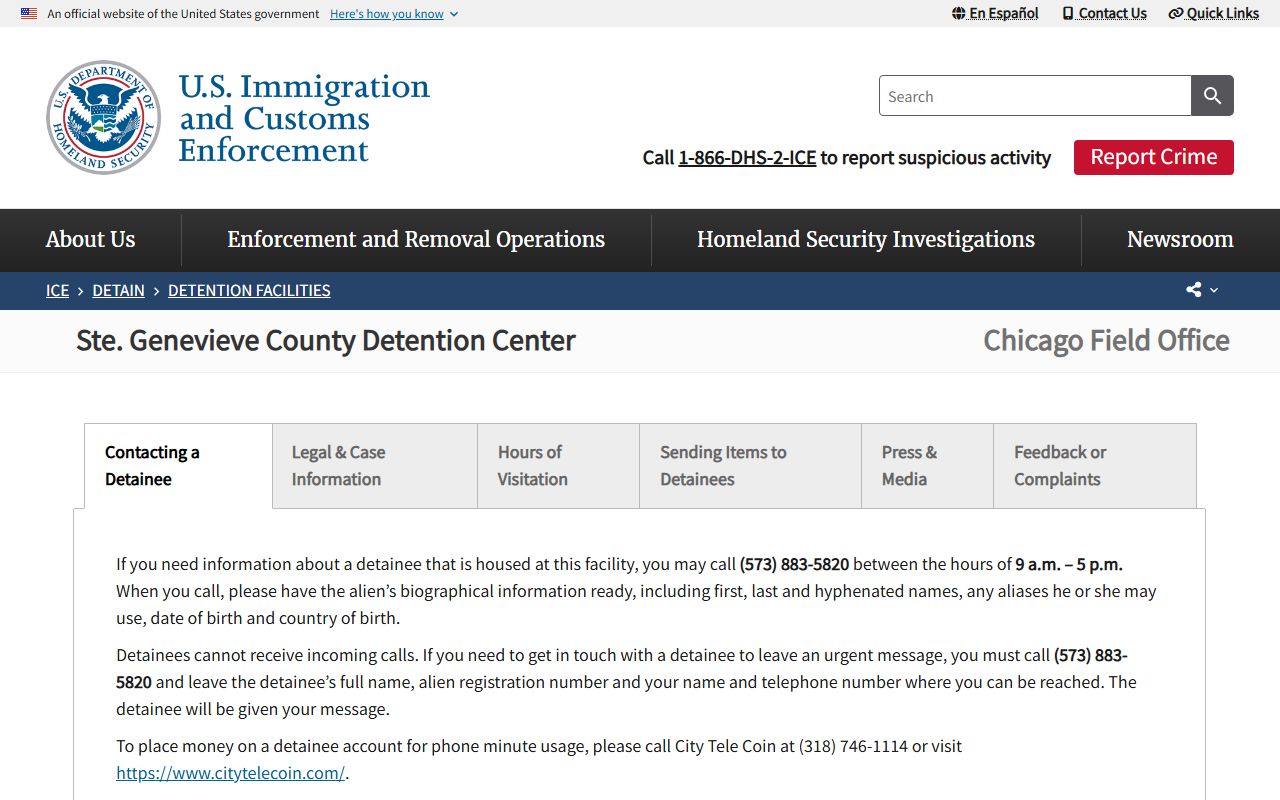 Ste. Genevieve County inmate records ICE facility phone route