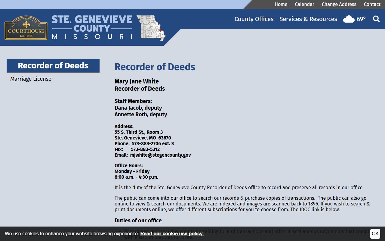 Ste. Genevieve County marriage records Recorder of Deeds office