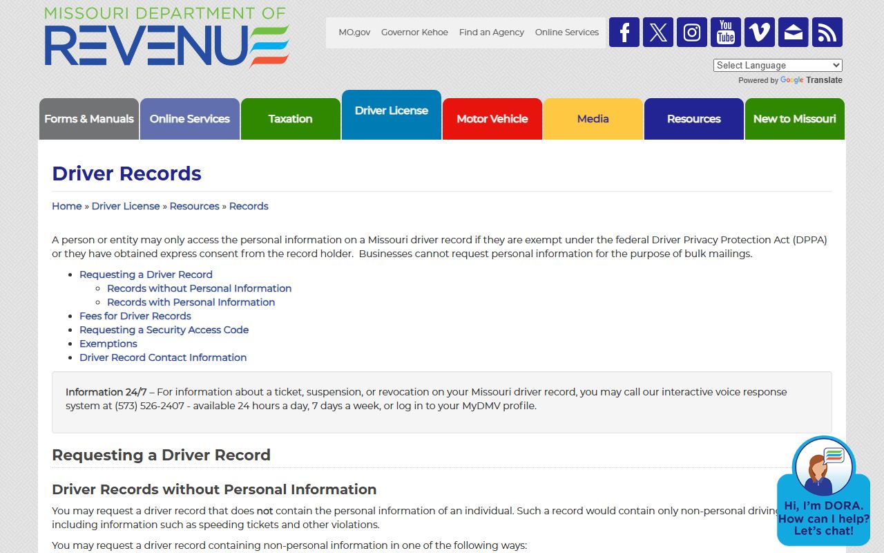 Ste. Genevieve County traffic court records Missouri DOR driver record routes