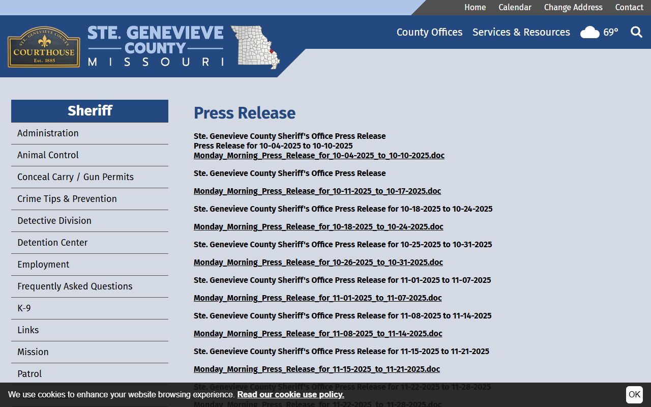 Ste. Genevieve County warrant records sheriff press release archive